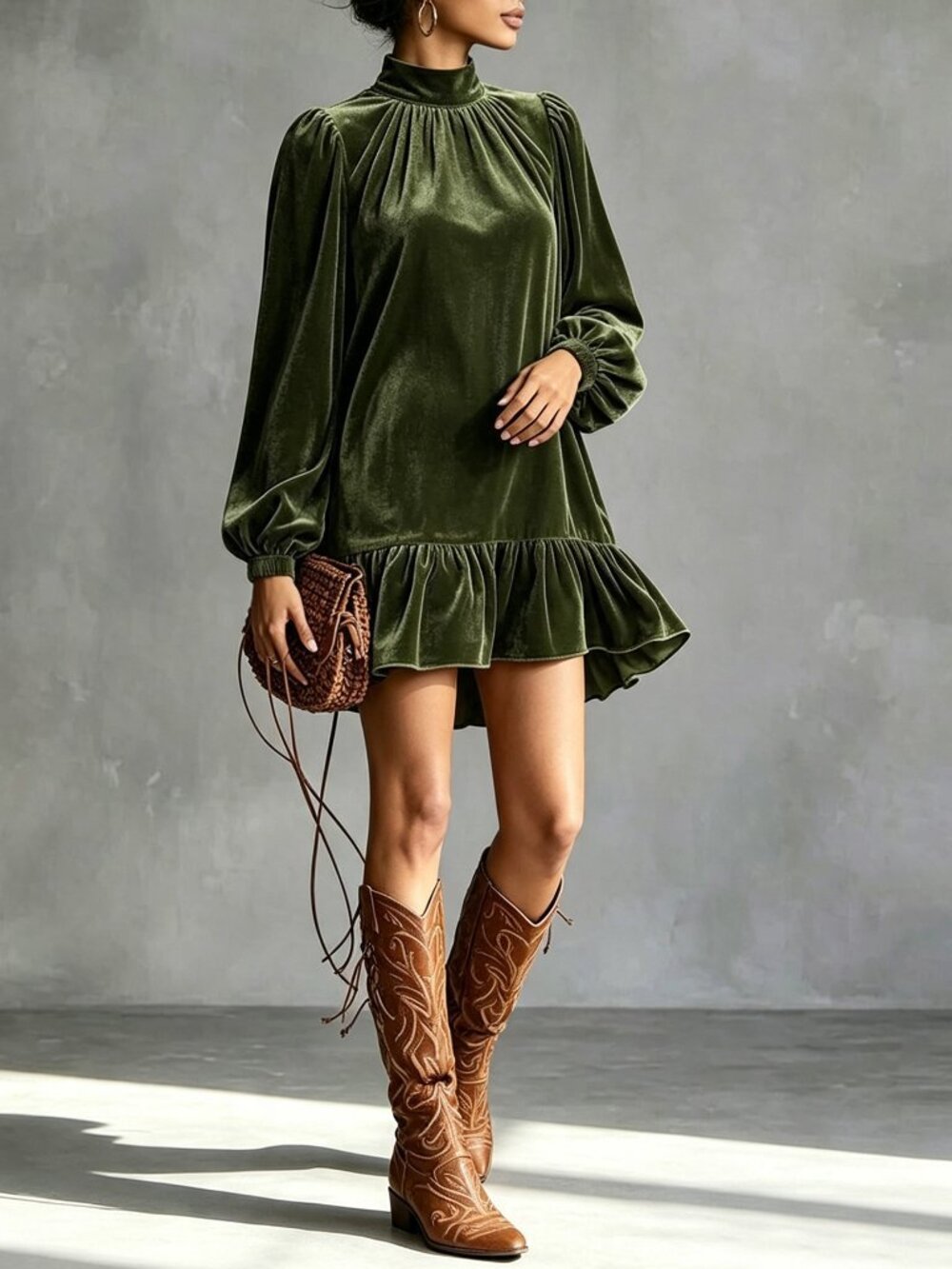 Green Elegant Women's Loose Low Waist Stand Collar Raglan Smock Dress - Picture 4 of 6